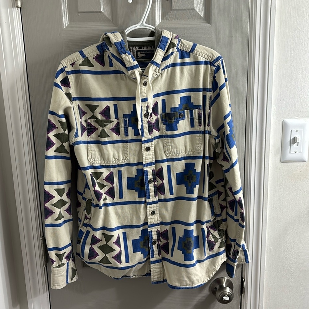 Button down shirt w/ hood, multi colored, modern amusement, M